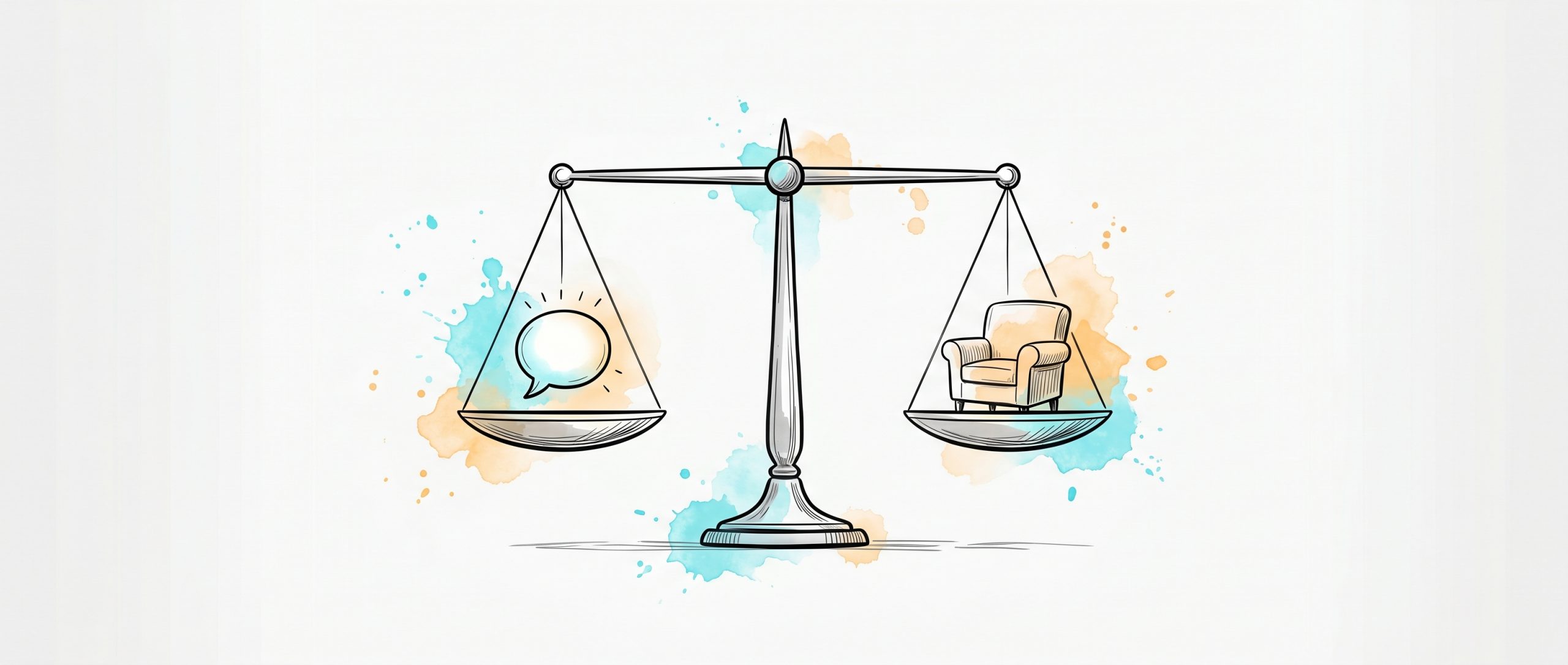 Hand-drawn illustration of a balanced weighing scale holding a glowing chat speech-bubble on one side and an empty therapy armchair on the other, symbolizing AI therapy and human therapy in balance.