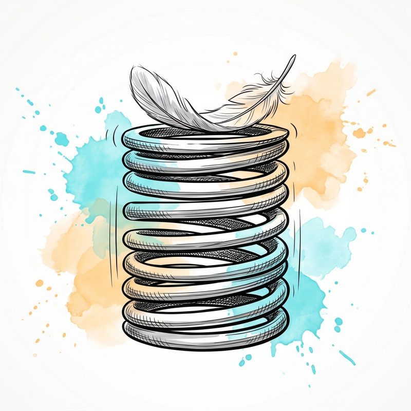 Pen-and-ink illustration of a large coiled spring full of stored energy held down by a single light feather, symbolising being under-used at work