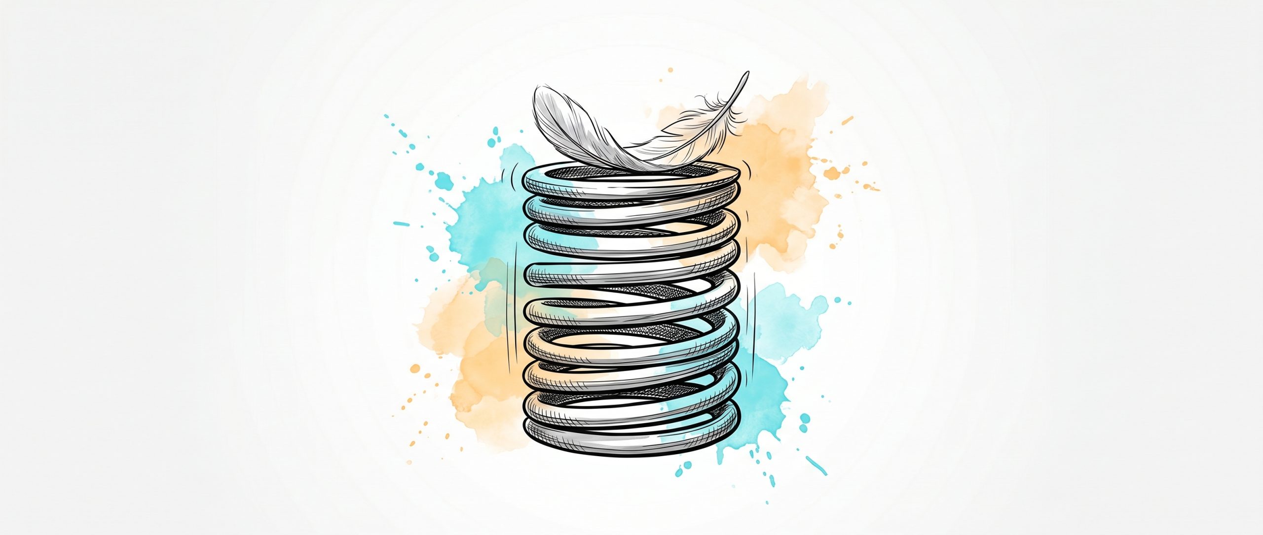 Pen-and-ink illustration of a large coiled spring full of stored energy held down by a single light feather, symbolising being under-used at work