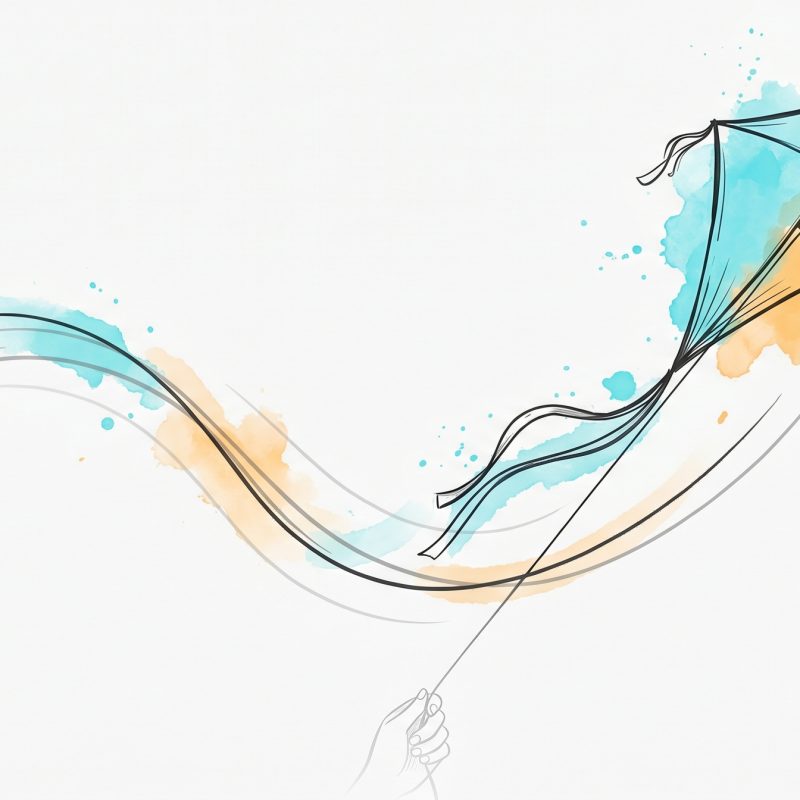 Hand-drawn ink illustration of a kite recovering altitude after a dip, catching the wind and climbing again, with soft cyan and apricot watercolour splashes — a metaphor for bouncing back from a career setback