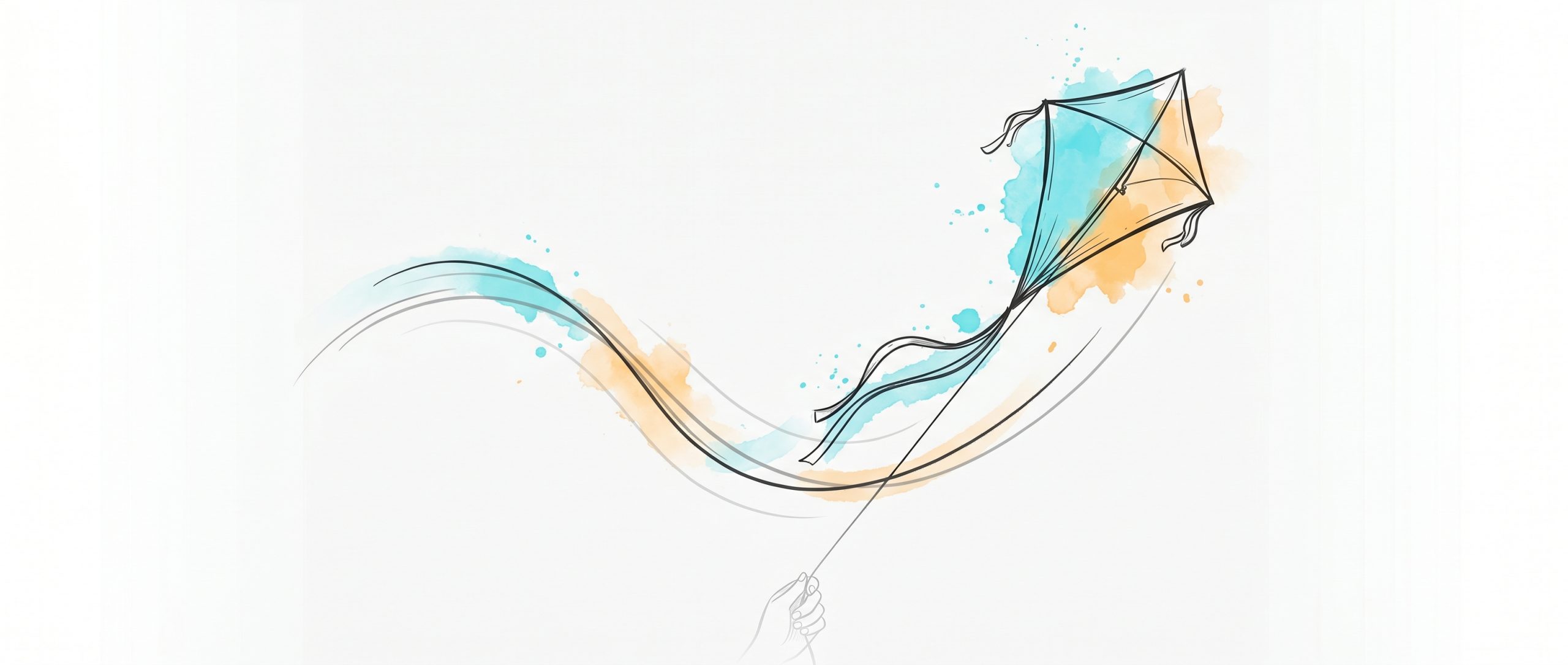 Hand-drawn ink illustration of a kite recovering altitude after a dip, catching the wind and climbing again, with soft cyan and apricot watercolour splashes — a metaphor for bouncing back from a career setback
