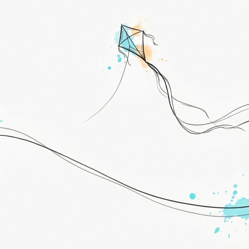 Hand-drawn illustration of an open hand that has just let go of a kite string, the kite climbing high and free — letting go enables rising, the essence of trust-based leadership. Cyan and apricot watercolour accents.