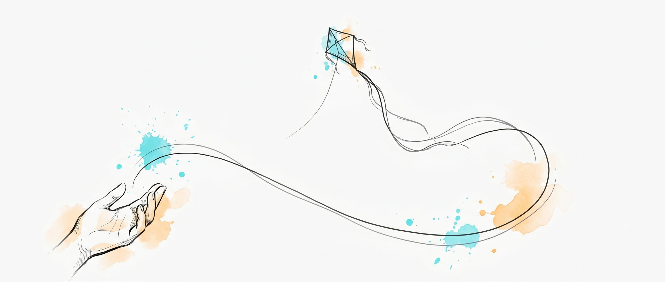 Hand-drawn illustration of an open hand that has just let go of a kite string, the kite climbing high and free — letting go enables rising, the essence of trust-based leadership. Cyan and apricot watercolour accents.