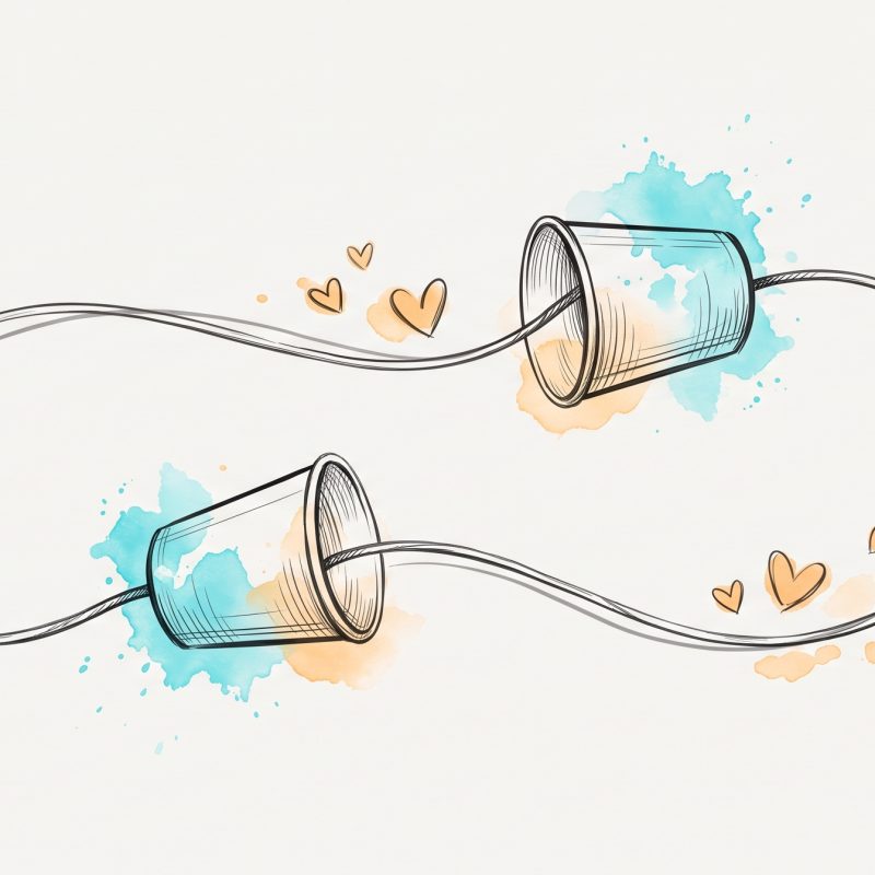 Hand-drawn illustration of two paper-cup telephones joined by a string that loops back on itself, with small hearts along the line — a symbol of kind self-talk returning to you