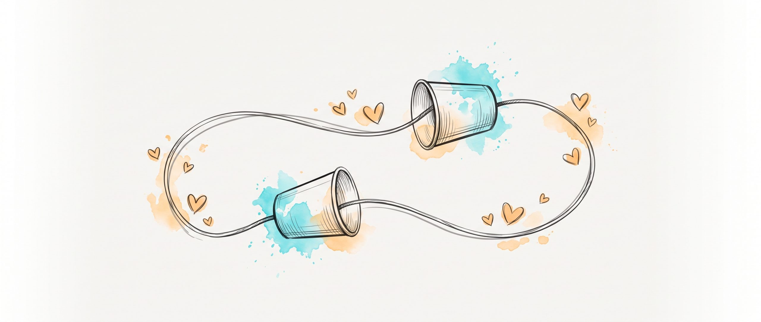Hand-drawn illustration of two paper-cup telephones joined by a string that loops back on itself, with small hearts along the line — a symbol of kind self-talk returning to you