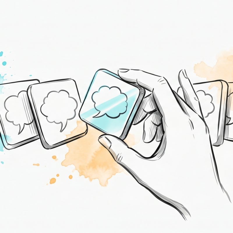 Hand-drawn editorial illustration: a hand lifting and examining one cyan-glinting thought-bubble tile from a row of them, symbolising checking an automatic thought rather than believing it