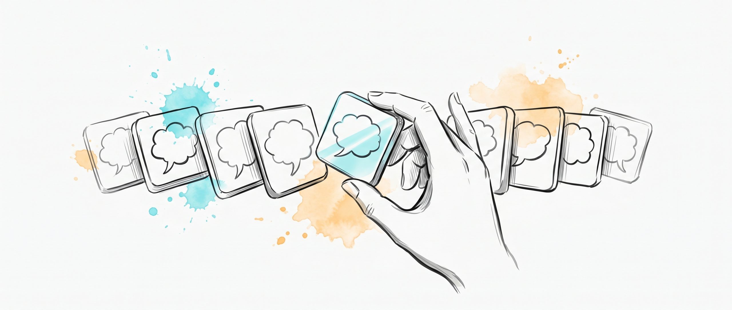 Hand-drawn editorial illustration: a hand lifting and examining one cyan-glinting thought-bubble tile from a row of them, symbolising checking an automatic thought rather than believing it