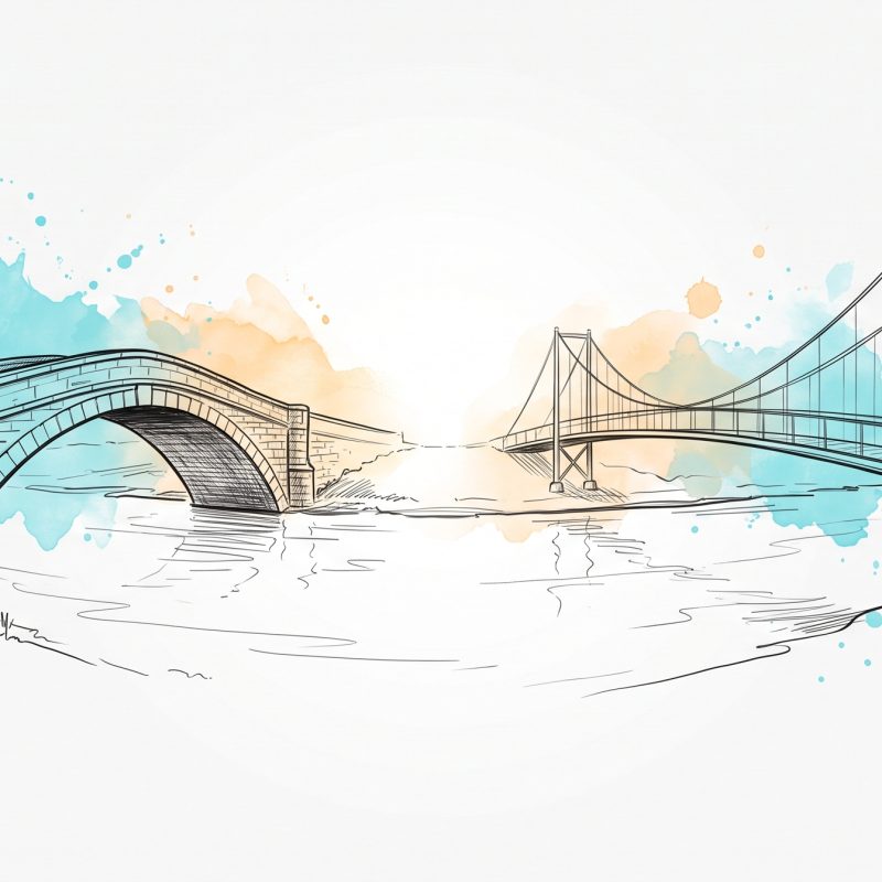 Hand-drawn ink illustration of two different bridges — a stone arch and a slender suspension footbridge — crossing the same river to the same far bank, symbolizing coaching and therapy as two routes to the same destination