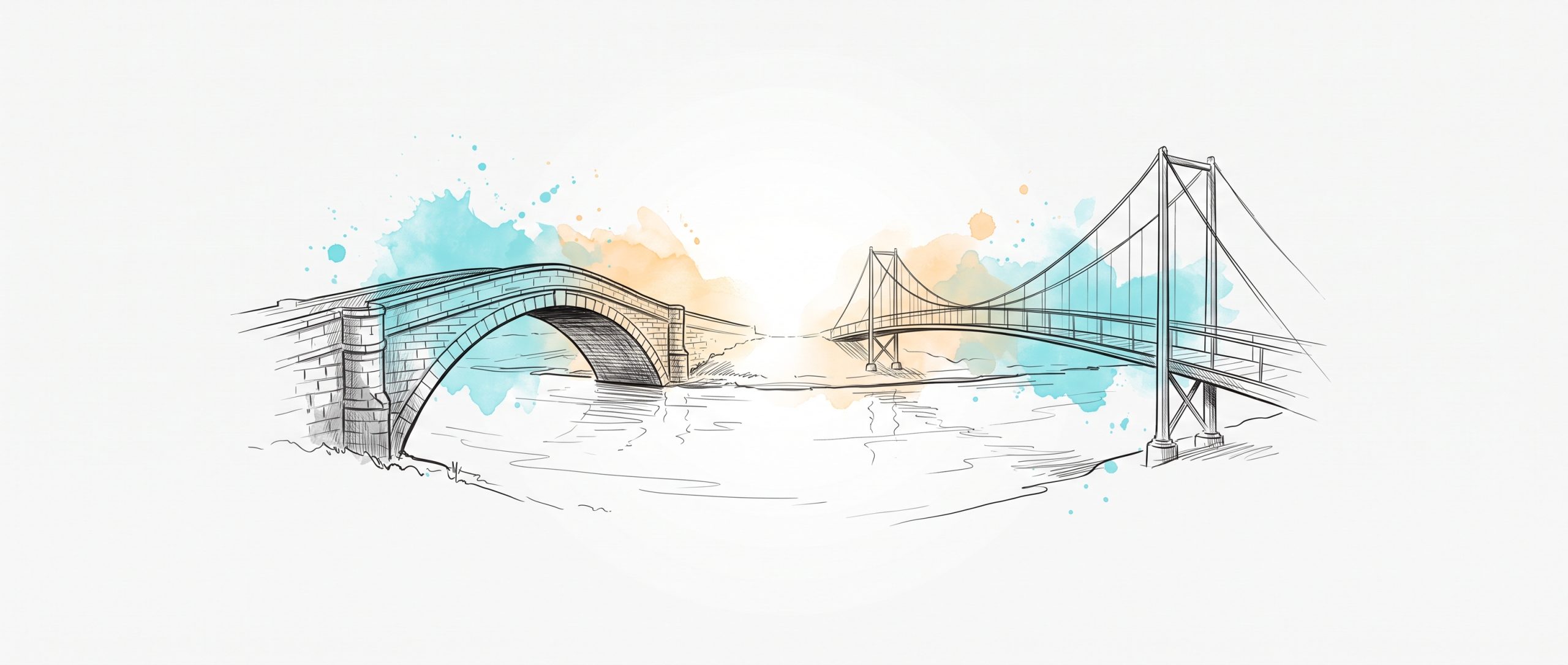 Hand-drawn ink illustration of two different bridges — a stone arch and a slender suspension footbridge — crossing the same river to the same far bank, symbolizing coaching and therapy as two routes to the same destination
