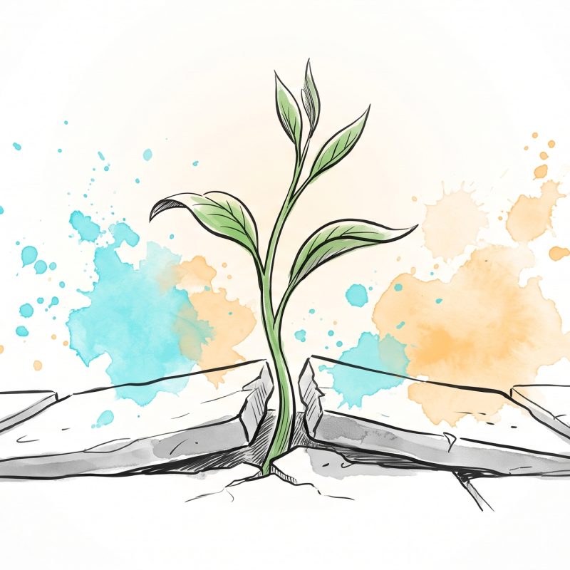 Hand-drawn editorial illustration of a green shoot growing up through a crack in paved stone, easing the slabs apart, with soft cyan and apricot watercolour splashes — a symbol of resilience and steady growth through hard ground