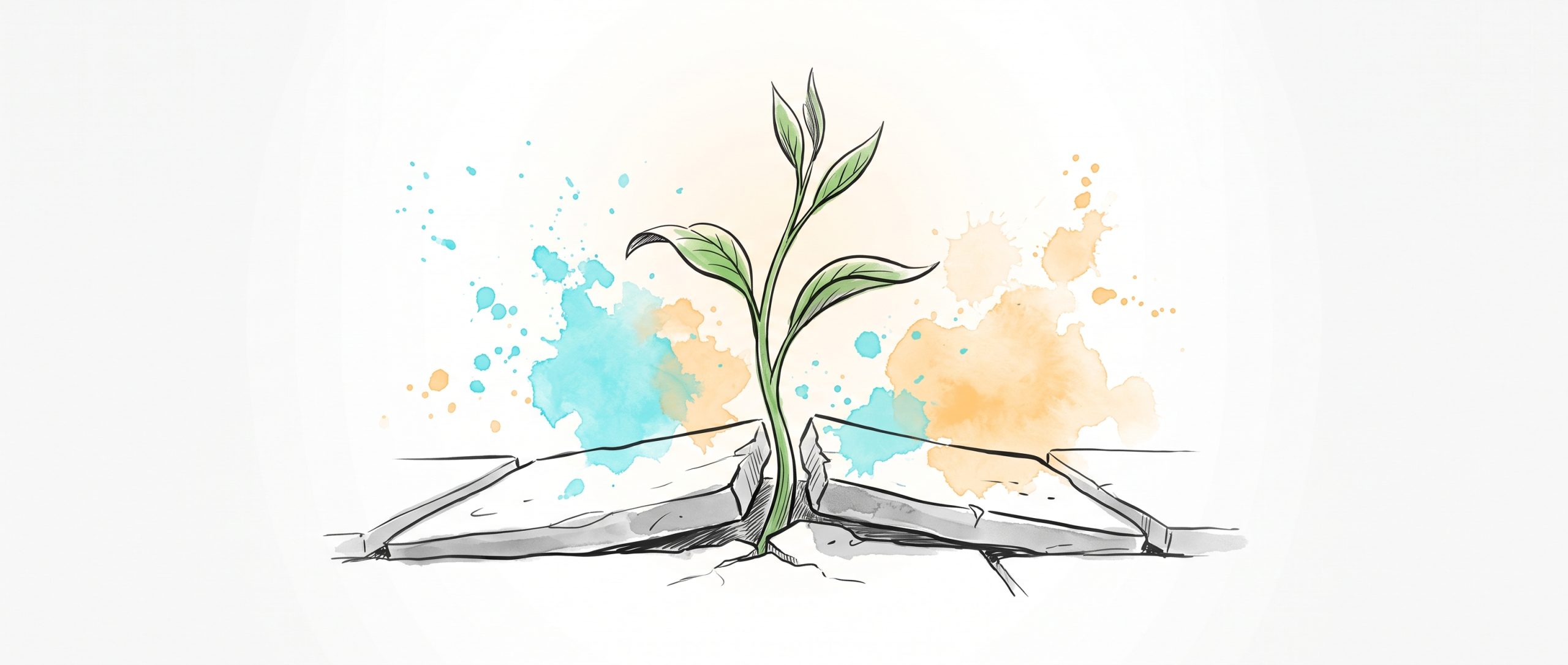 Hand-drawn editorial illustration of a green shoot growing up through a crack in paved stone, easing the slabs apart, with soft cyan and apricot watercolour splashes — a symbol of resilience and steady growth through hard ground