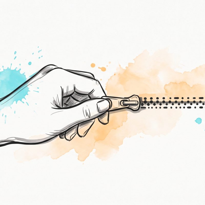 Hand-drawn ink illustration of a hand zipping closed a zipper whose left edge is a smooth continuous line and right edge is a row of dots, joining human care and digital support into one, with soft cyan and apricot watercolour splashes