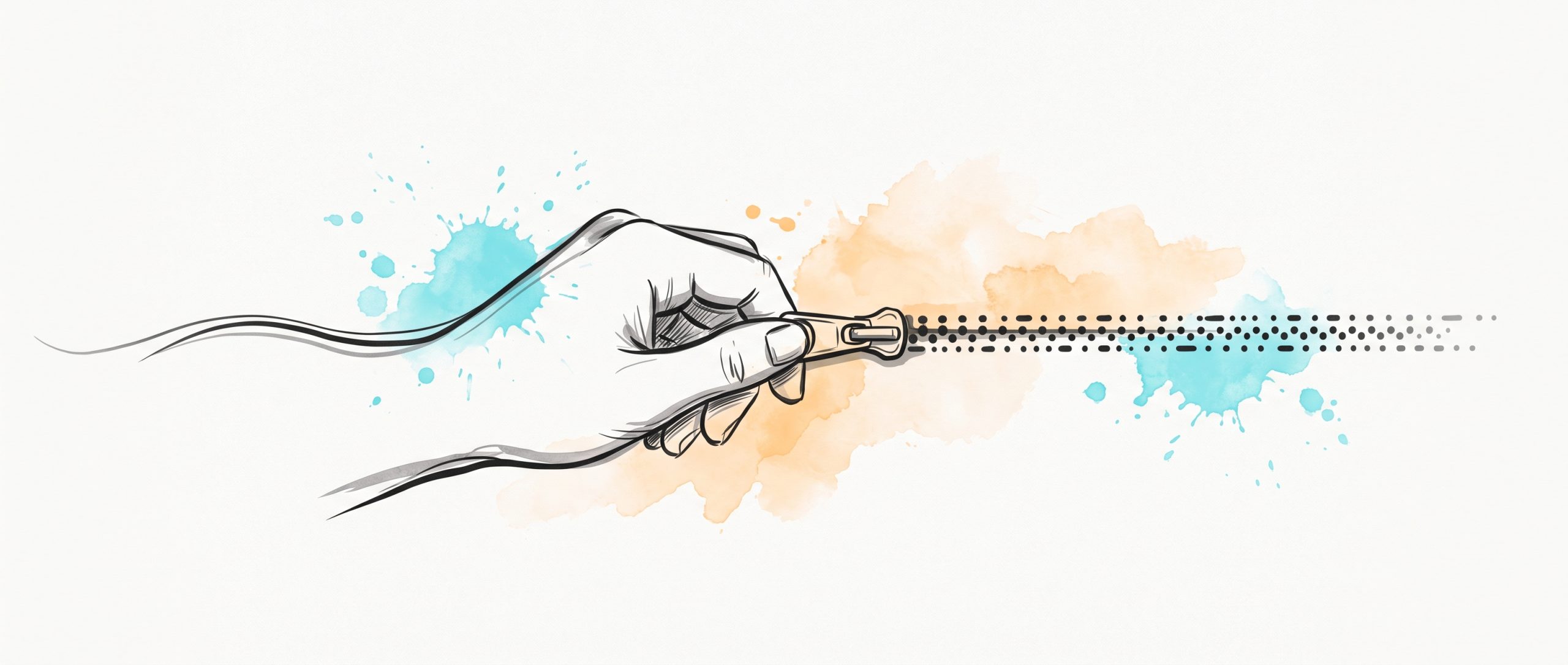 Hand-drawn ink illustration of a hand zipping closed a zipper whose left edge is a smooth continuous line and right edge is a row of dots, joining human care and digital support into one, with soft cyan and apricot watercolour splashes