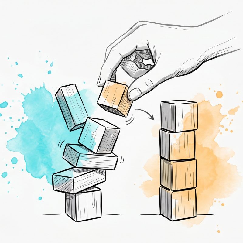 Hand-drawn ink illustration of a hand re-stacking wooden blocks from a crooked leaning tower into a steady balanced one, with cyan and apricot watercolour splashes — cognitive restructuring as rebuilding a thought into a sounder shape