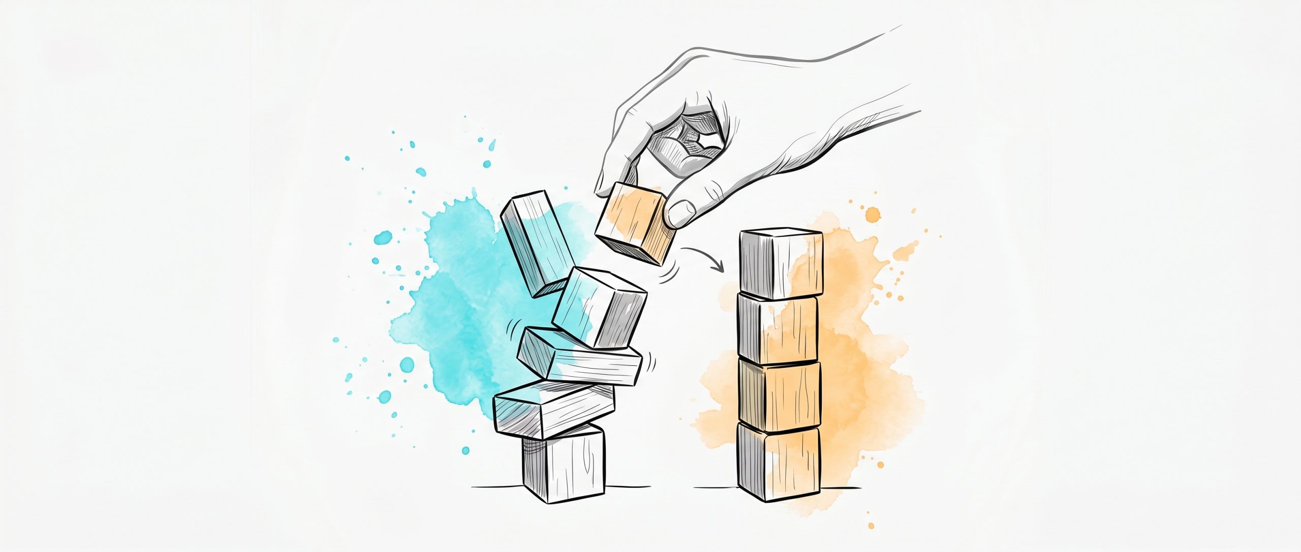 Hand-drawn ink illustration of a hand re-stacking wooden blocks from a crooked leaning tower into a steady balanced one, with cyan and apricot watercolour splashes — cognitive restructuring as rebuilding a thought into a sounder shape