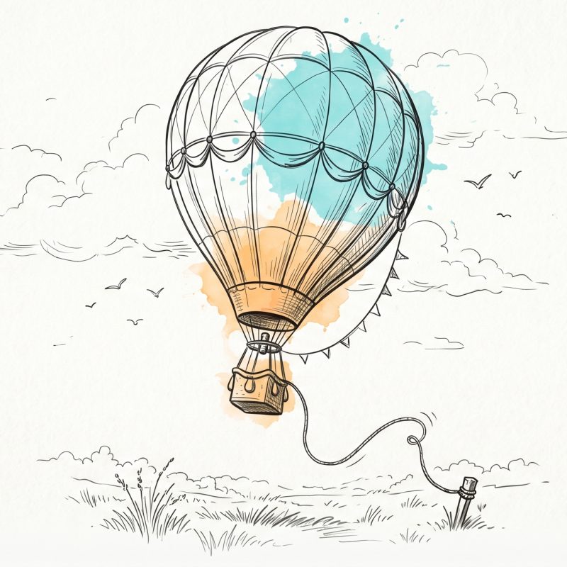 Hand-drawn ink illustration of a hot-air balloon lifting off and rising into open sky as its mooring rope releases from a ground stake, with soft cyan and apricot watercolour washes — leaving the familiar for something new