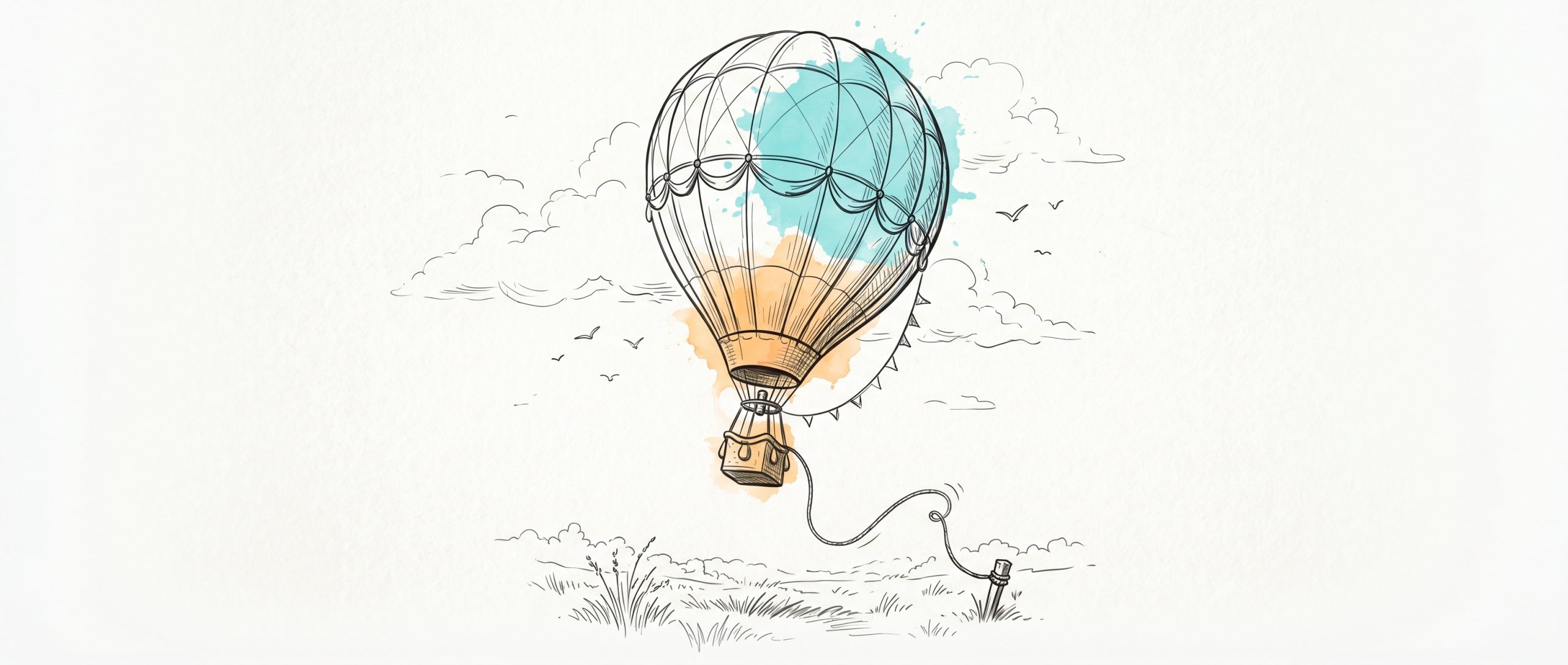 Hand-drawn ink illustration of a hot-air balloon lifting off and rising into open sky as its mooring rope releases from a ground stake, with soft cyan and apricot watercolour washes — leaving the familiar for something new