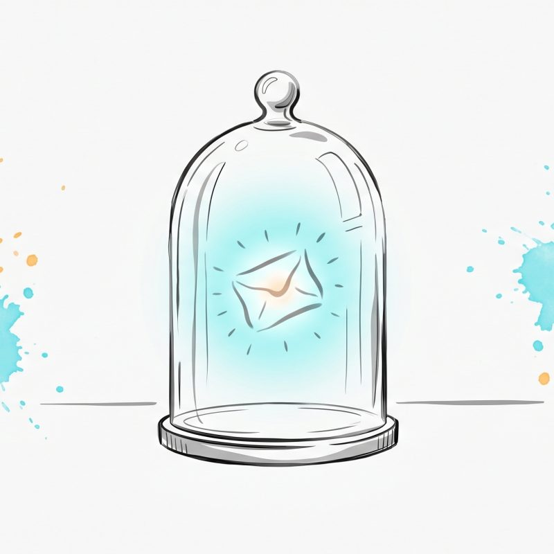 Hand-drawn editorial illustration: a glowing private message sheltered under a clear glass cloche, symbolising confidential mental-health data kept truly private, with cyan and apricot watercolour splashes