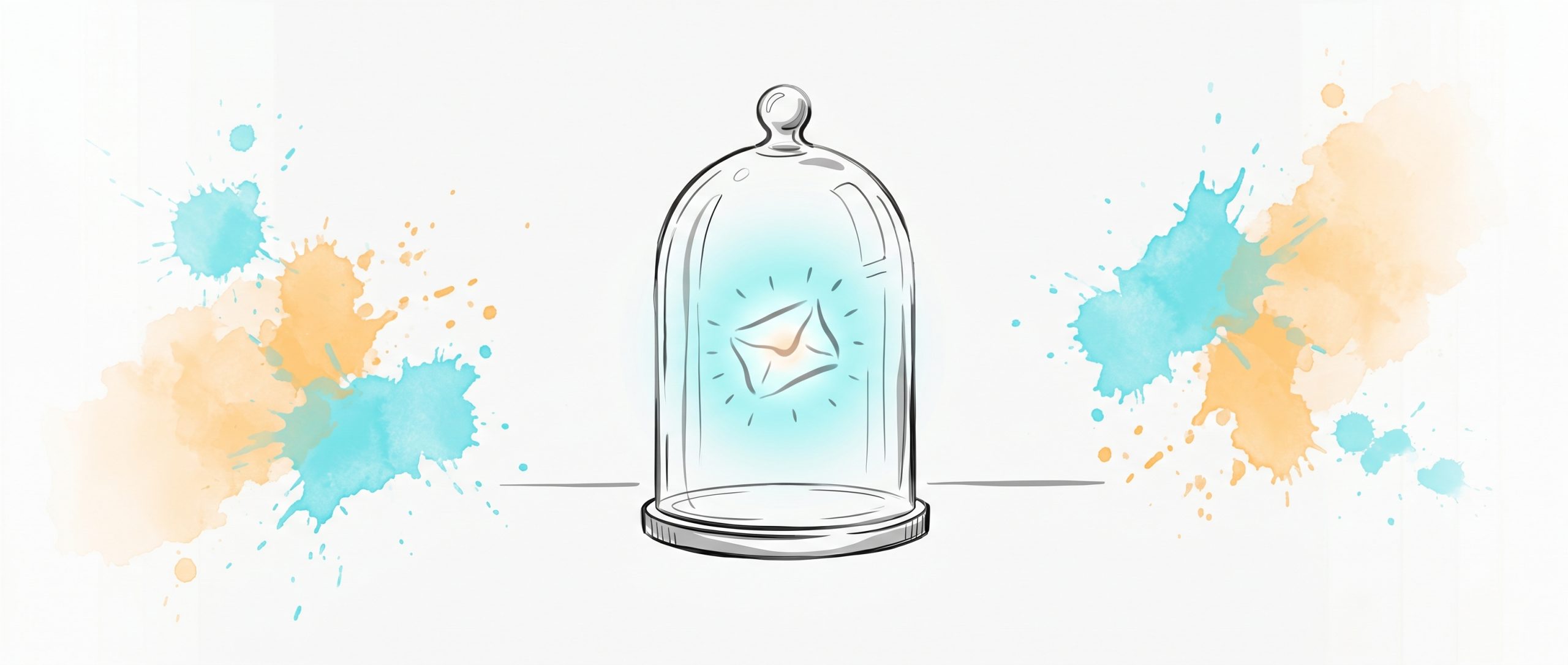 Hand-drawn editorial illustration: a glowing private message sheltered under a clear glass cloche, symbolising confidential mental-health data kept truly private, with cyan and apricot watercolour splashes