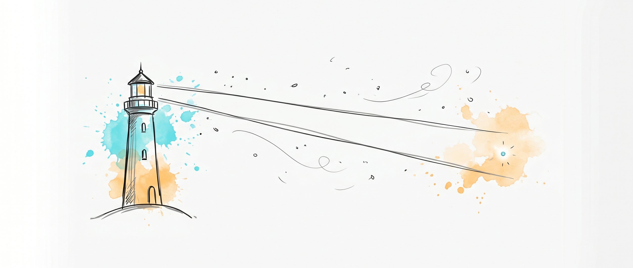 Hand-drawn editorial illustration of a lighthouse casting a single focused beam of light across drifting particles, settling steady on one bright point — attention trained to return to a single focus