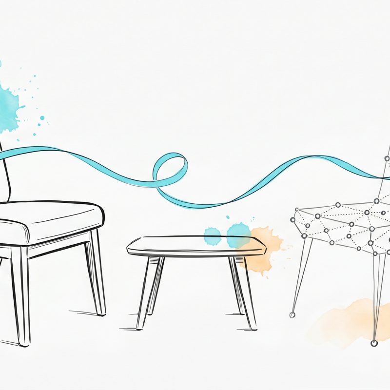 Hand-drawn editorial illustration: a solid ink human chair and a dotted-node AI chair facing each other across a small table, with a flowing cyan ribbon looping between them, representing a trusted conversation between human and AI coaching