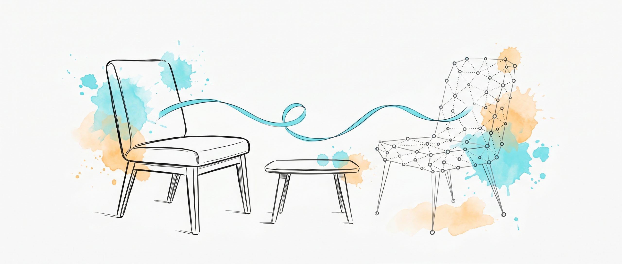 Hand-drawn editorial illustration: a solid ink human chair and a dotted-node AI chair facing each other across a small table, with a flowing cyan ribbon looping between them, representing a trusted conversation between human and AI coaching