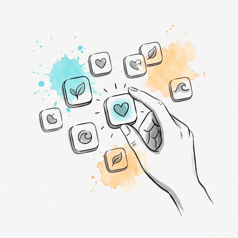 Hand-drawn illustration of a hand selecting one glowing app tile from a constellation of mental health app icons — heart, leaf and wave symbols — with soft cyan and apricot watercolour splashes.