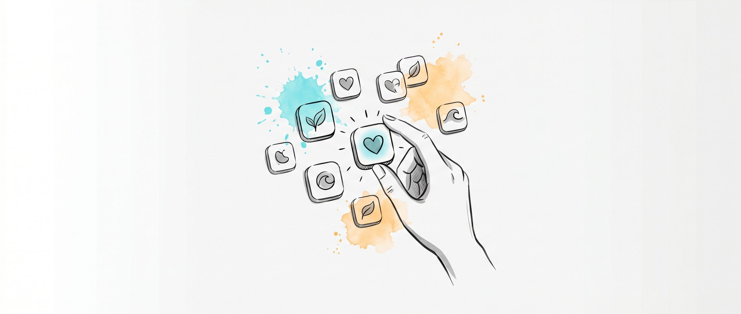 Hand-drawn illustration of a hand selecting one glowing app tile from a constellation of mental health app icons — heart, leaf and wave symbols — with soft cyan and apricot watercolour splashes.