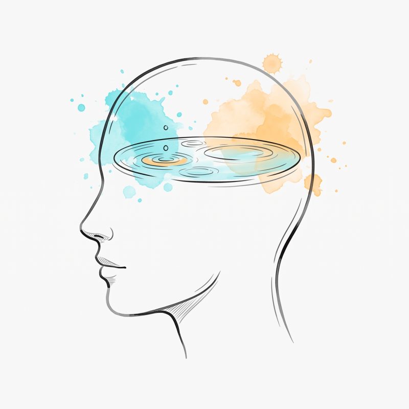 Ink illustration of a head in profile with a still pond inside the mind, ripples settling calm, in soft cyan and apricot — mindfulness quieting the brain