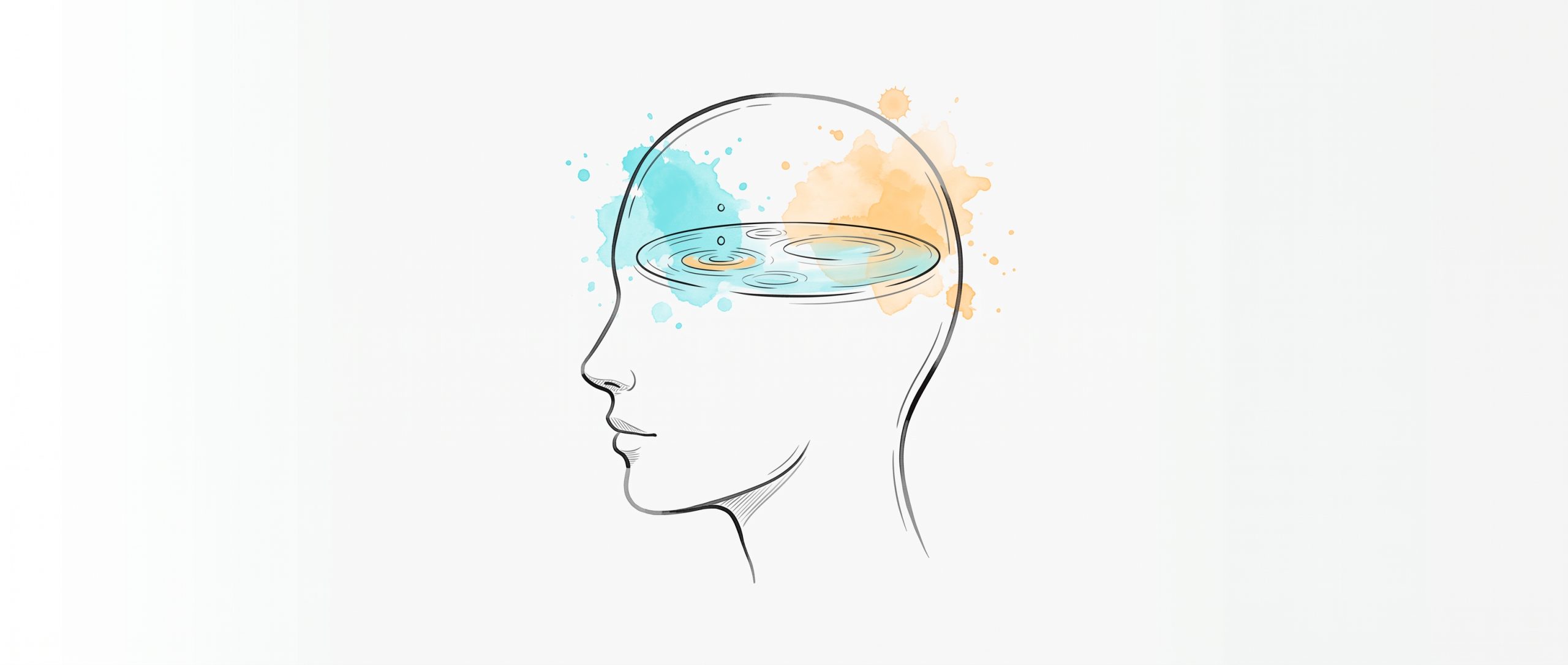 Ink illustration of a head in profile with a still pond inside the mind, ripples settling calm, in soft cyan and apricot — mindfulness quieting the brain
