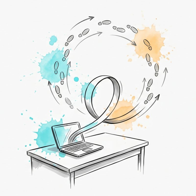 Hand-drawn ink illustration of a laptop on a desk with a looping ribbon springing up into a circular path of footsteps and motion arrows, with cyan and apricot watercolour splashes — symbolising energy and movement breaking free of desk work.