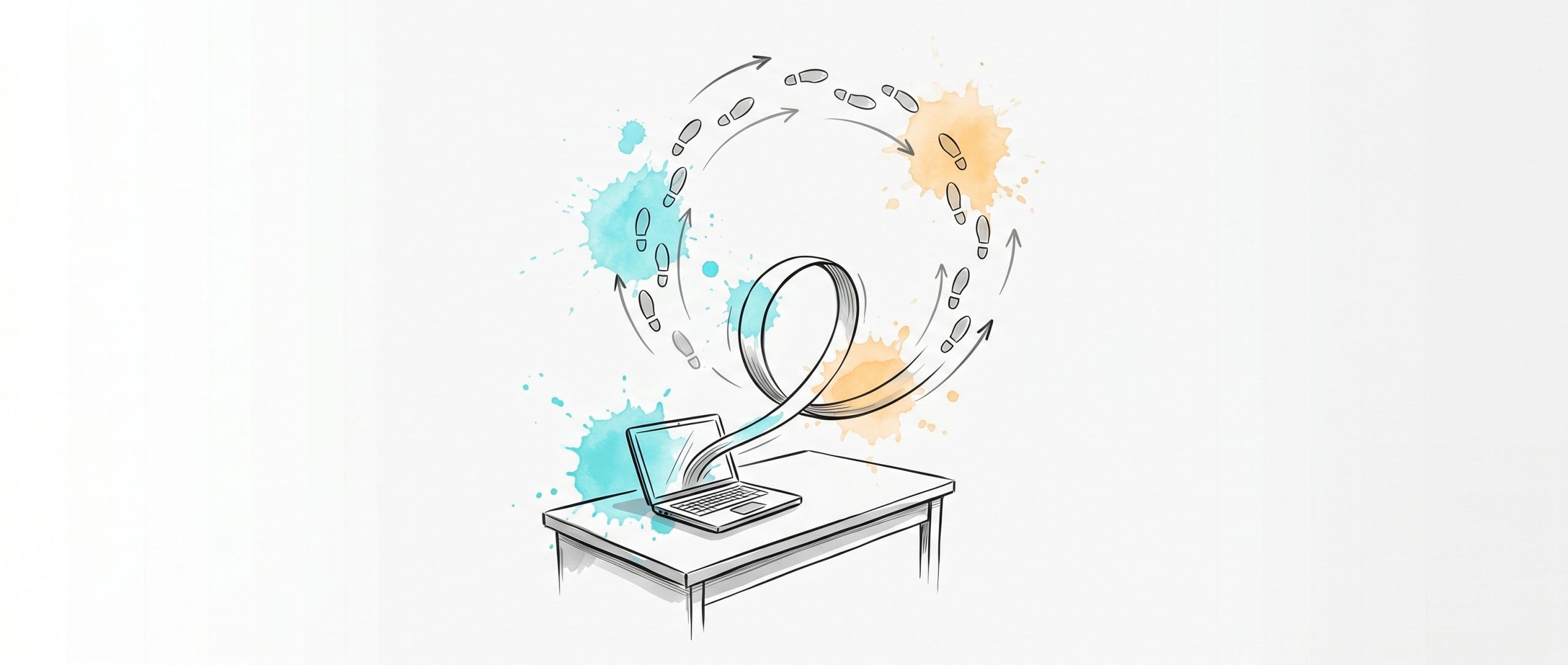 Hand-drawn ink illustration of a laptop on a desk with a looping ribbon springing up into a circular path of footsteps and motion arrows, with cyan and apricot watercolour splashes — symbolising energy and movement breaking free of desk work.