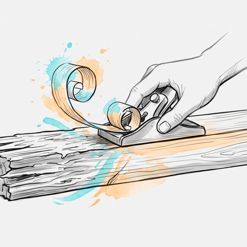 Ink illustration of a hand guiding a carpenter's plane that smooths rough splintered wood into a clean surface — a metaphor for reshaping unhelpful thinking with CBT