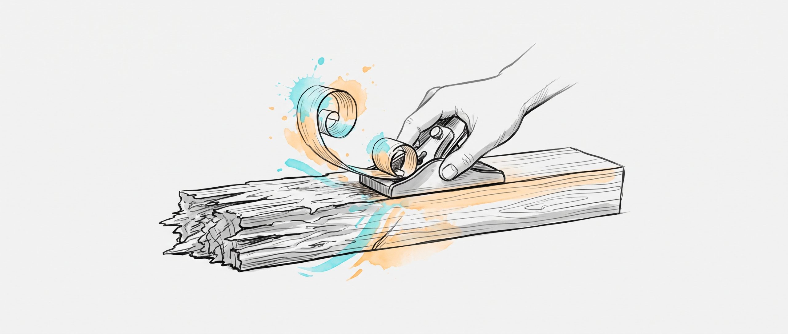 Ink illustration of a hand guiding a carpenter's plane that smooths rough splintered wood into a clean surface — a metaphor for reshaping unhelpful thinking with CBT
