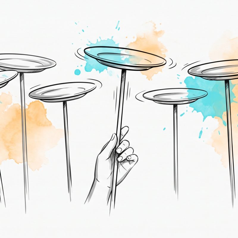 Hand-drawn ink illustration of spinning plates balanced on poles with a hand steadying one, symbolising a startup founder keeping many things aloft