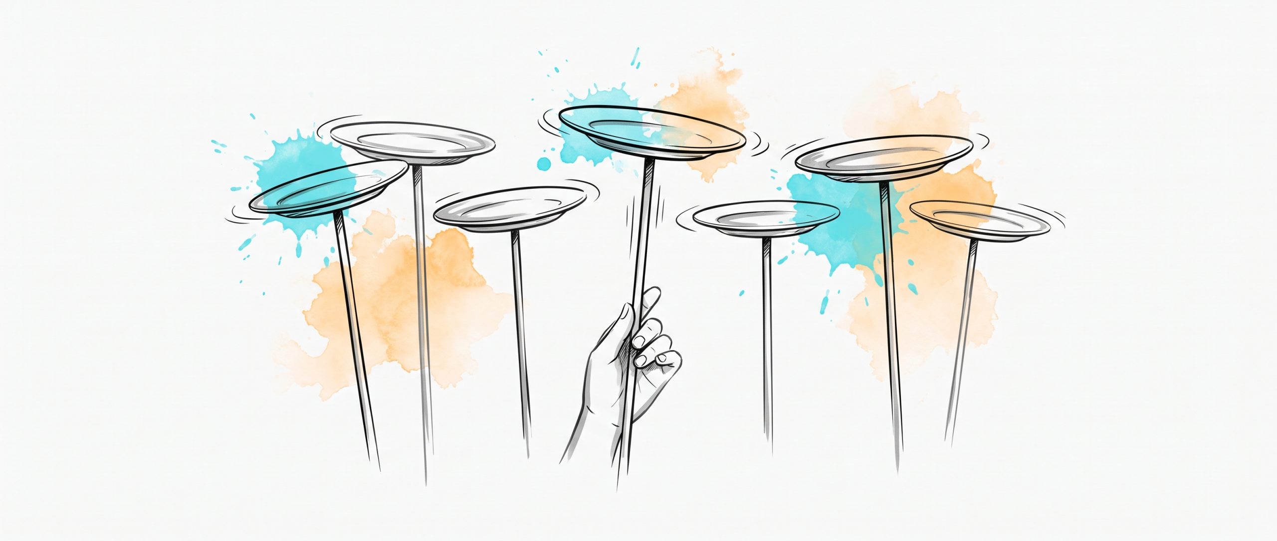 Hand-drawn ink illustration of spinning plates balanced on poles with a hand steadying one, symbolising a startup founder keeping many things aloft