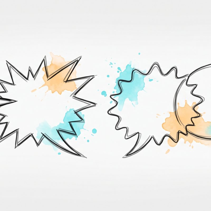 Editorial ink illustration of two jagged, clashing speech bubbles on the left gradually resolving into two smooth, gently interlocking speech bubbles on the right, with soft cyan and apricot watercolour splashes — a difficult conversation becoming mutual understanding