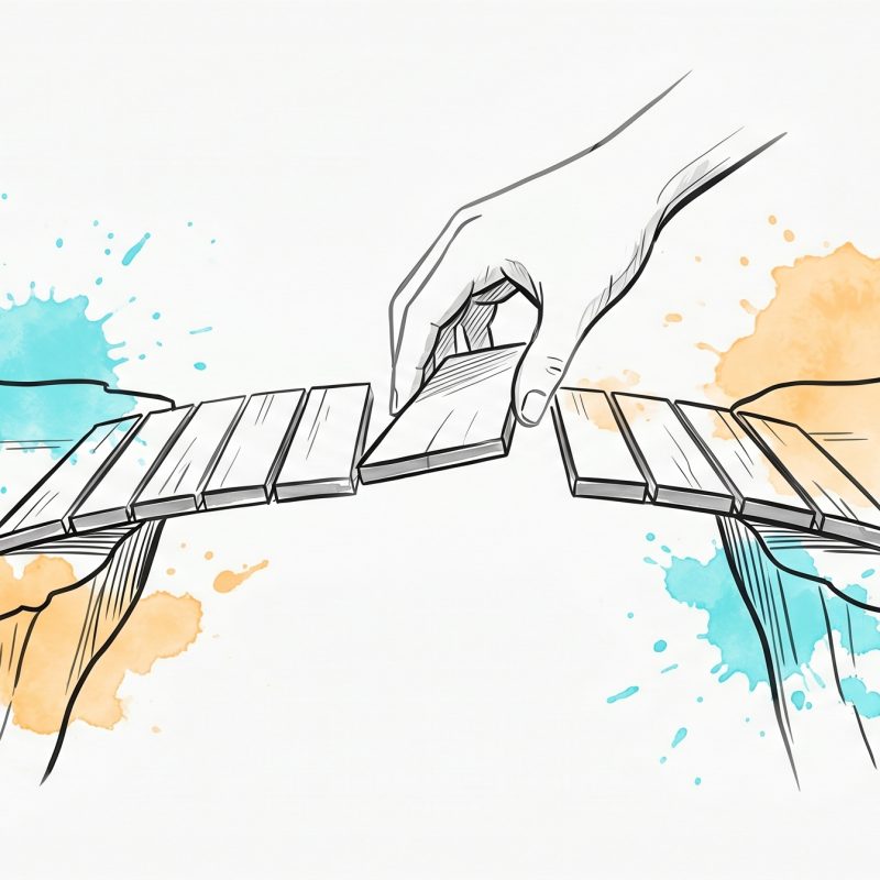 Ink illustration of a hand placing the final plank to complete a small bridge connecting two separated banks, with cyan and apricot watercolour splashes