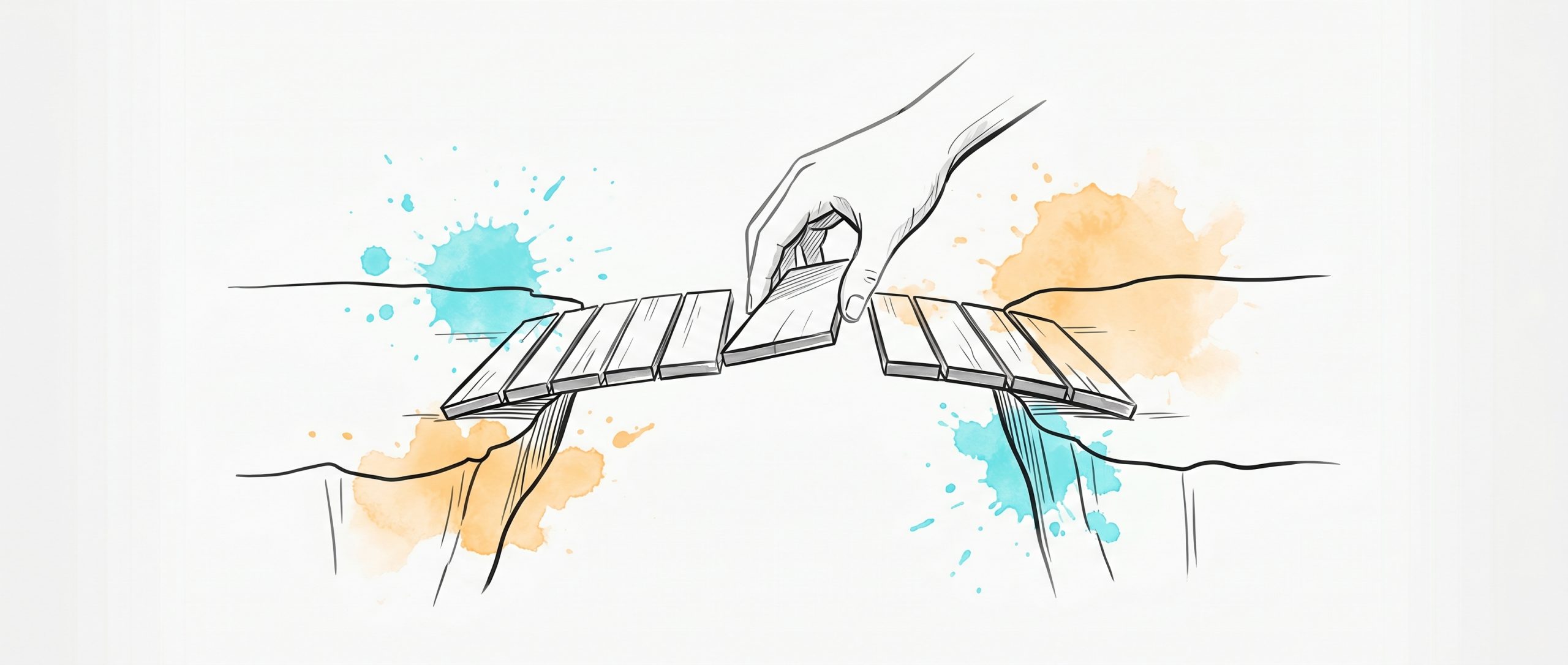 Ink illustration of a hand placing the final plank to complete a small bridge connecting two separated banks, with cyan and apricot watercolour splashes