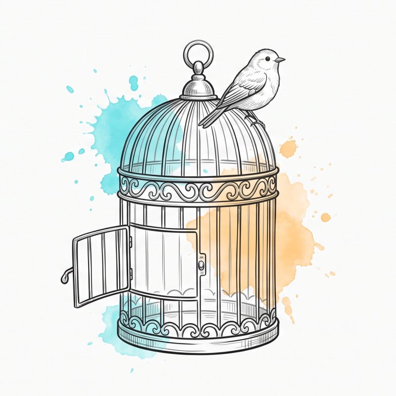 Hand-drawn ink illustration of a birdcage with its door swung wide open and a content songbird perched calmly on top, free to leave yet choosing to stay, with cyan and apricot watercolour splashes