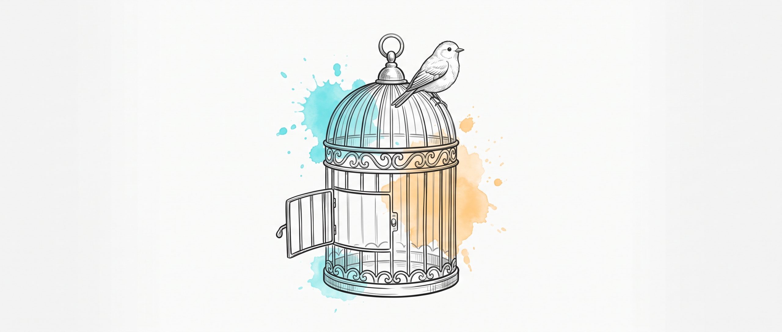 Hand-drawn ink illustration of a birdcage with its door swung wide open and a content songbird perched calmly on top, free to leave yet choosing to stay, with cyan and apricot watercolour splashes