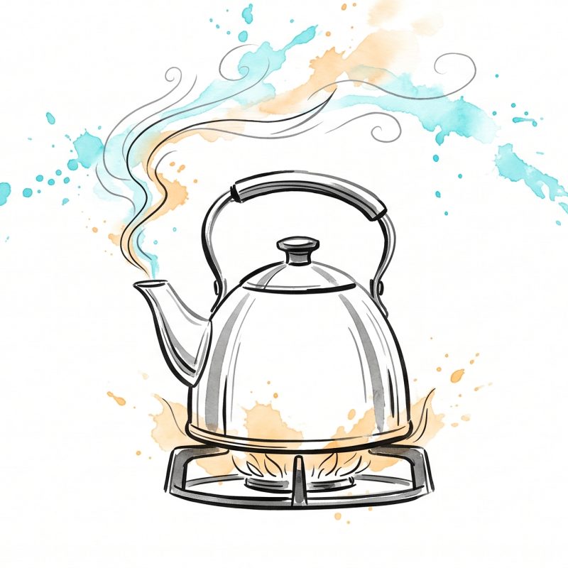 Hand-drawn ink illustration of a kettle on a low flame with the first faint wisp of steam rising — the early, quiet warning sign before it boils over, symbolising catching employee burnout early