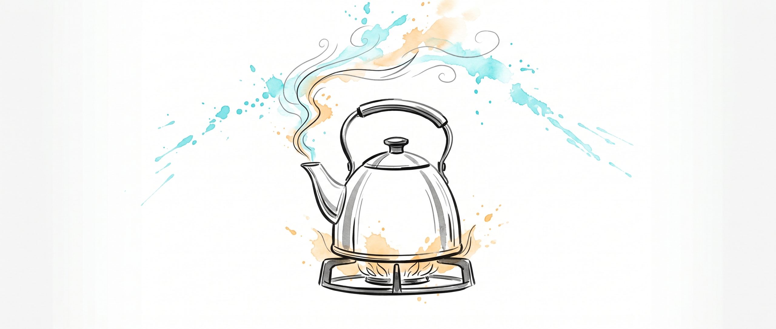 Hand-drawn ink illustration of a kettle on a low flame with the first faint wisp of steam rising — the early, quiet warning sign before it boils over, symbolising catching employee burnout early