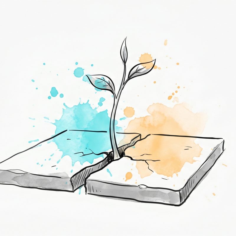 Ink illustration of a seedling growing up through a crack in a hard paving slab, with cyan and apricot watercolour splashes — resilience growing through adversity