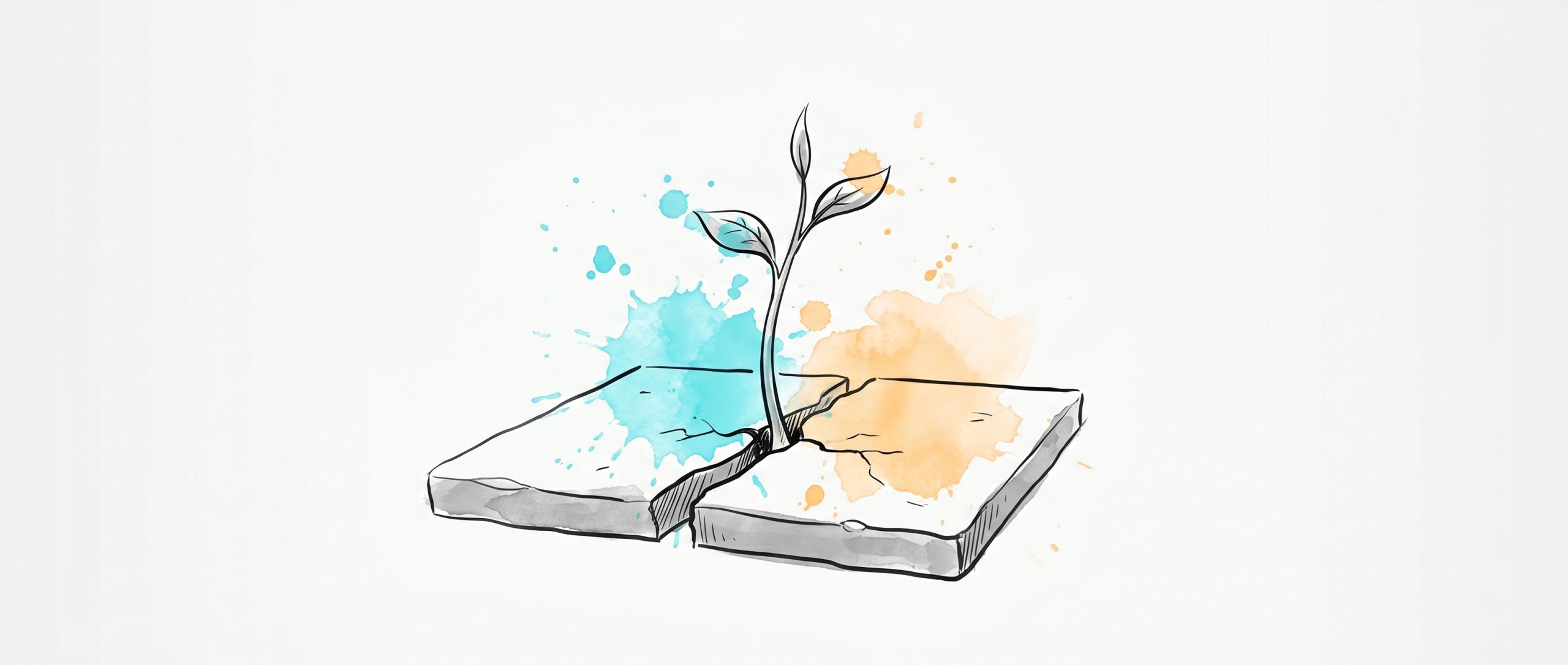 Ink illustration of a seedling growing up through a crack in a hard paving slab, with cyan and apricot watercolour splashes — resilience growing through adversity