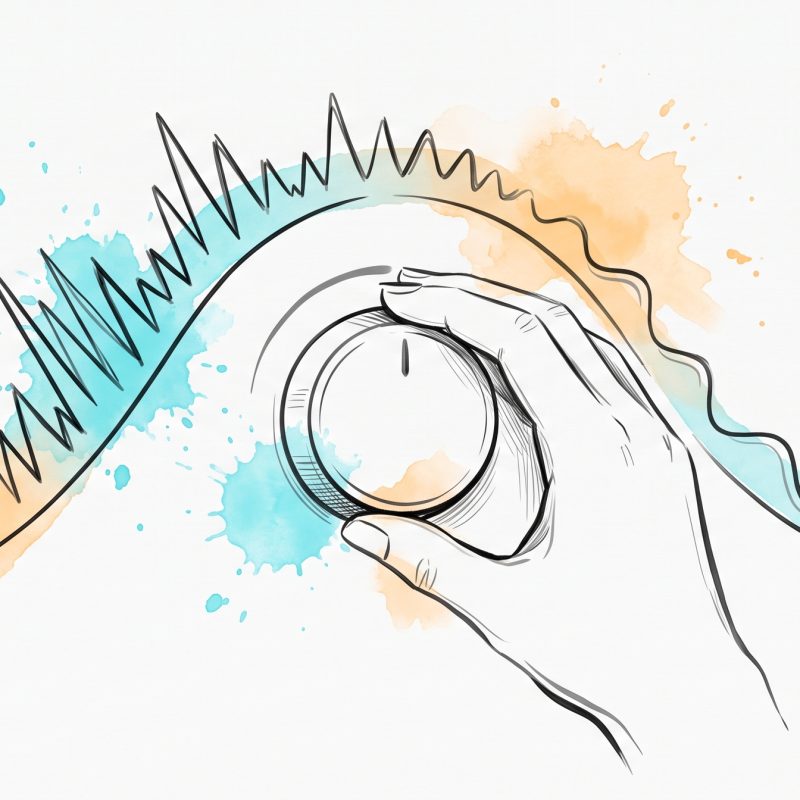 Hand-drawn ink illustration of a hand turning a round dial down, a jagged spiky line smoothing into calm rolling waves with cyan and apricot watercolour splashes — turning stress down