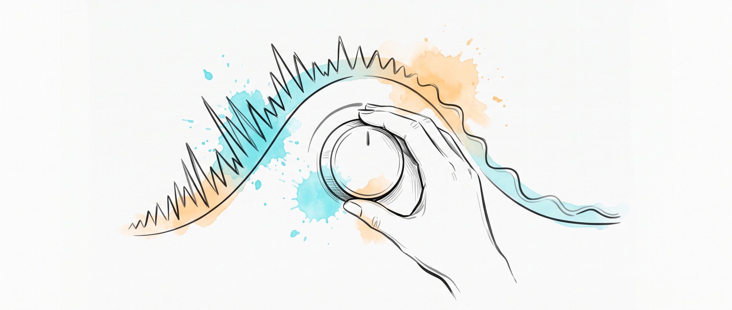 Hand-drawn ink illustration of a hand turning a round dial down, a jagged spiky line smoothing into calm rolling waves with cyan and apricot watercolour splashes — turning stress down