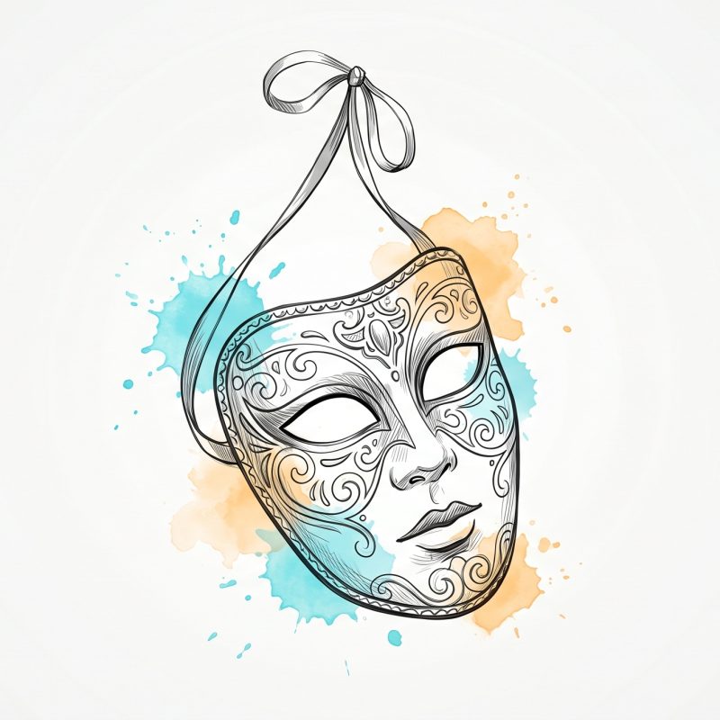 Hand-drawn ink illustration of a single ornate theatrical mask hanging hollow and empty by its ribbon, with cyan and apricot watercolour splashes — the mask of impostor syndrome revealed as hollow