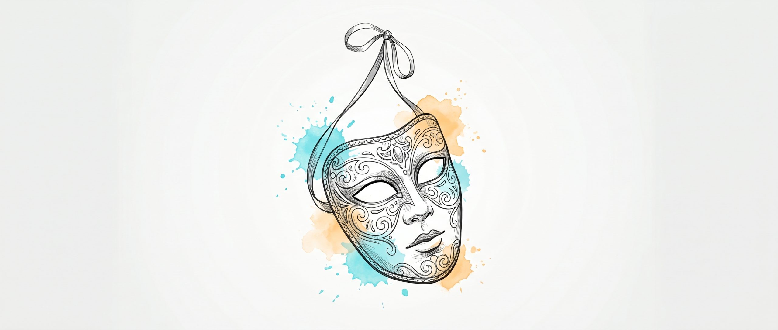 Hand-drawn ink illustration of a single ornate theatrical mask hanging hollow and empty by its ribbon, with cyan and apricot watercolour splashes — the mask of impostor syndrome revealed as hollow