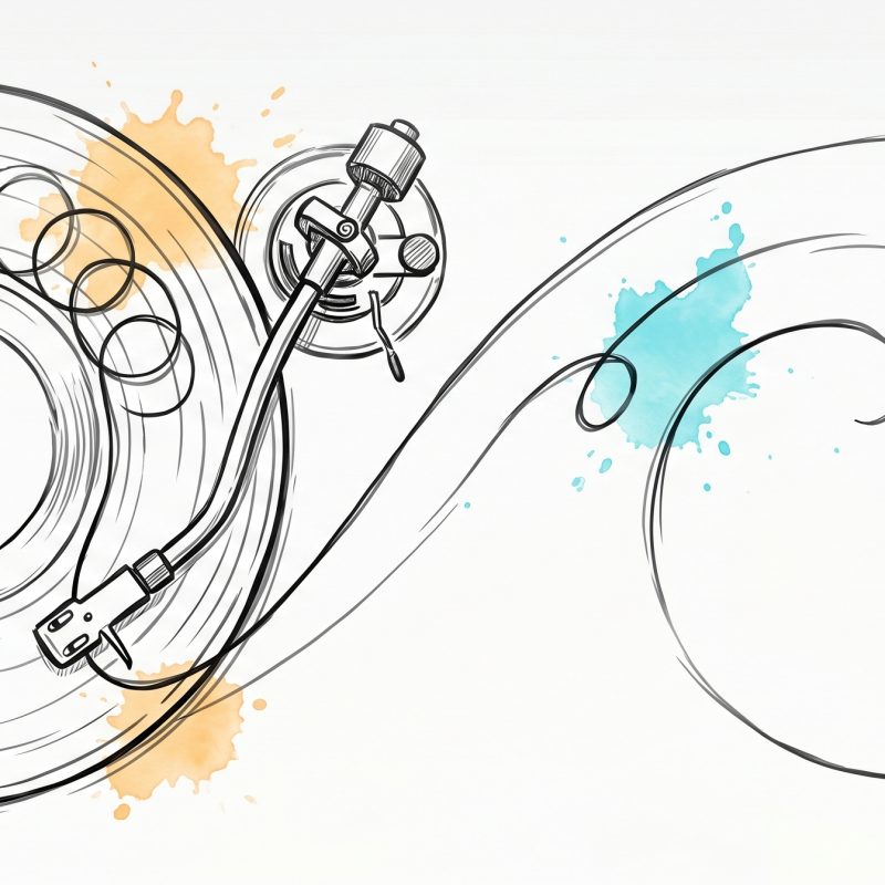Hand-drawn ink illustration of a record player whose needle is stuck skipping over the same looping groove, then the groove opening out into one smooth new spiral track sweeping onward — symbolising a repeating relationship pattern released into a new path, with cyan and apricot watercolour splashes
